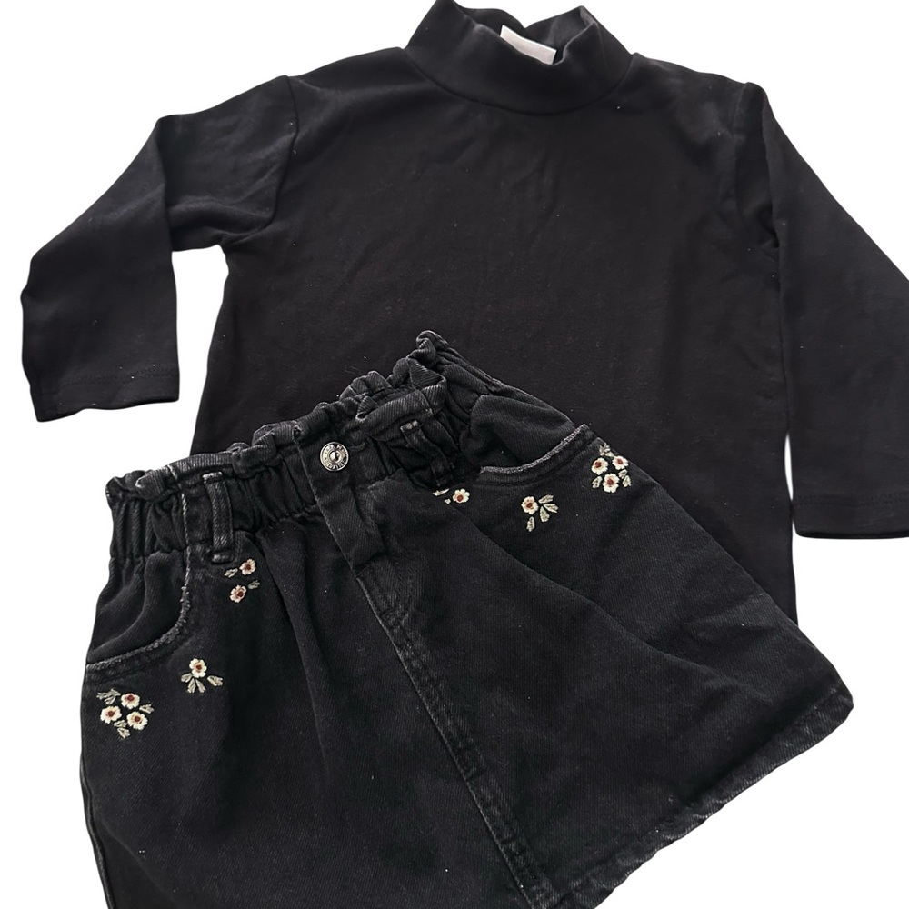 Black Kids Skirt with Floral Embroidery 2T